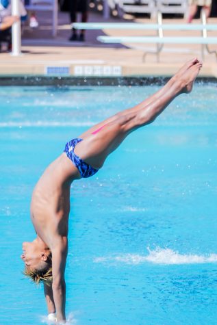 Eric Correa performs a Back 2 ½  SS Pike dive at Hillenbrand Aquatic Center on Friday, Feb. 26. Correa earned a score of 57.00 during the first round of finals at Day 3 of the Pac-12 Diving Championships.