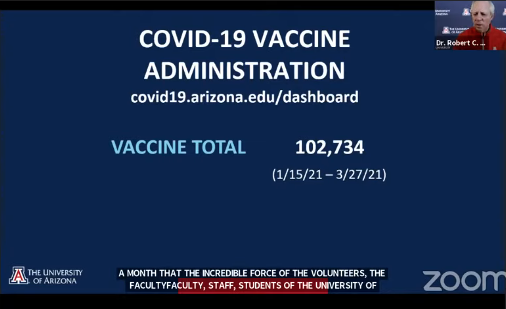 Screenshot of recent COVID-19 vaccine administration data, reflecting the UA Point of Distribution has given out over 102,000 vaccine doses since Jan. 15, 2021.