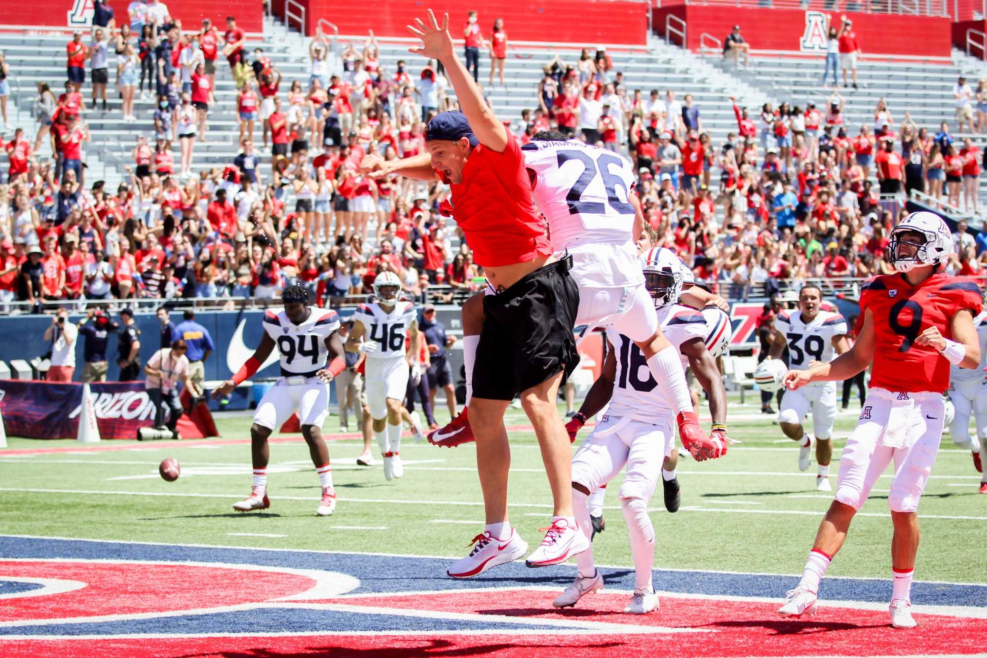Gronkowski scores a touchdown after the Spring Game on Saturday, April 24 in Tucson, Ariz. Gronkowski’s team defeated Bruschi’s team 17-13.
