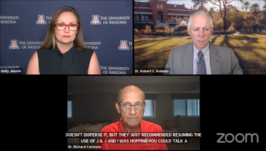 Screenshot of the University of Arizonas virtual university status update team, who reconvened Monday, April 26 to discuss the end of the semester.