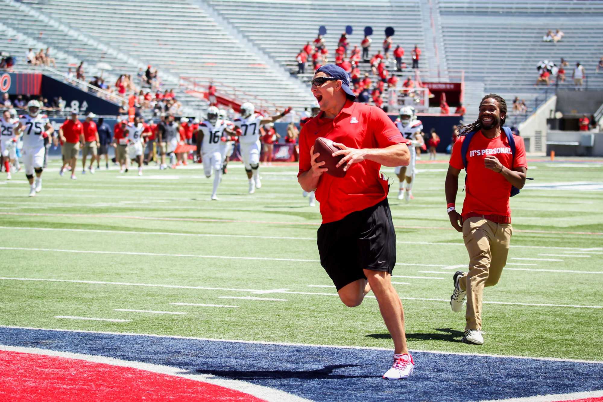 Gronkowski scores a touchdown after the Spring Game on Saturday, April 24 in Tucson, Ariz. Gronkowski’s team defeated Bruschi’s team 17-13.