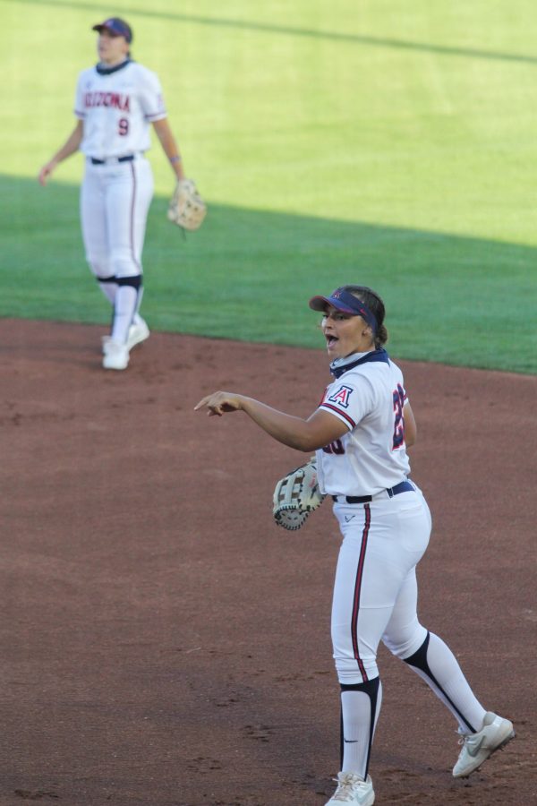 Carlie Scupin yells to a teammate during the game against New Mexico State. Arizona Softball defeated NMSU on Friday, April 9 in Tucson, Ariz.