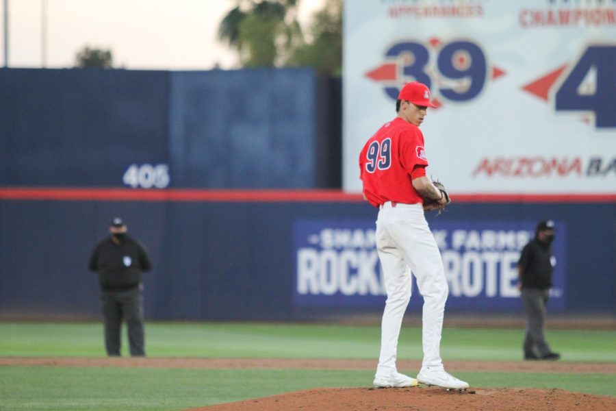 Randy Abshier prepares to pitch at at Hi Corbett Field on Tuesday, April 6. The Wildcats defeated the Sun Devils 14-2.