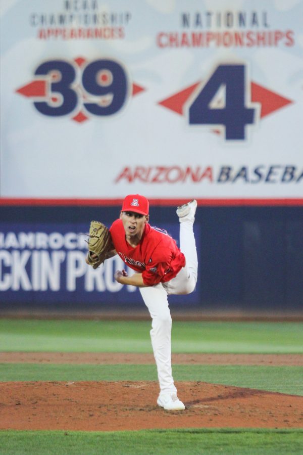 Arizona pitcher Randy Abshier throws a pitch off the mound against the Arizona State Sun Devils on Tuesday, April 6, 2021 at Hi Corbett Field. The Wildcats went on to win the game 14-2.  