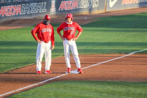 Branden Boissiere secures third base.  The Wildcats defeated the Sun Devils 14-2 at Hi Corbett Field on Tuesday, April 6.