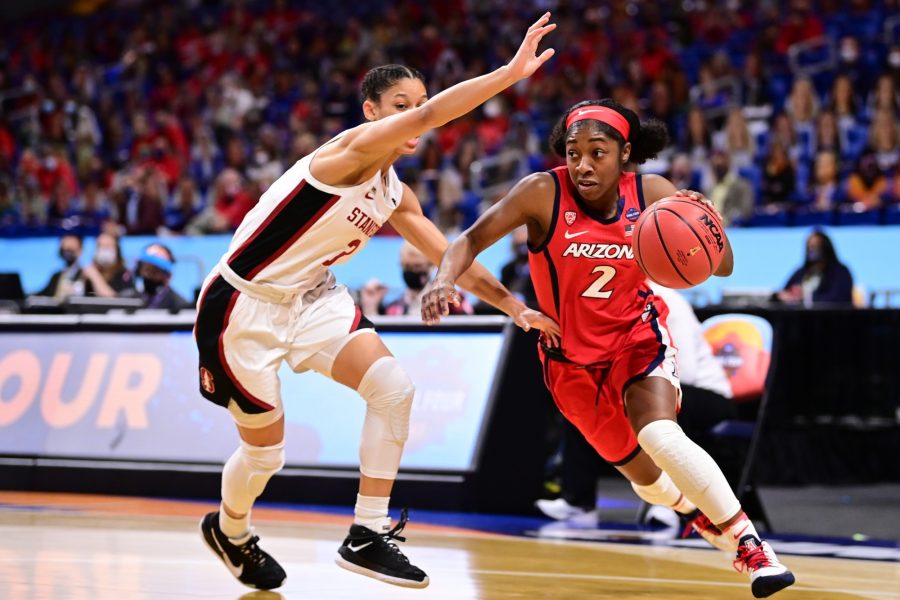 SAN ANTONIO, TX - APRIL 4: Aari McDonald No. 2 of the Arizona Wildcats drives to the basket against Cameron Brink No. 22 of the Stanford Cardinal during the championship game of the NCAA Women’s Basketball Tournament at Alamodome on April 4, 2021 in San Antonio, Texas. (Photo by Justin Tafoya/NCAA Photos)