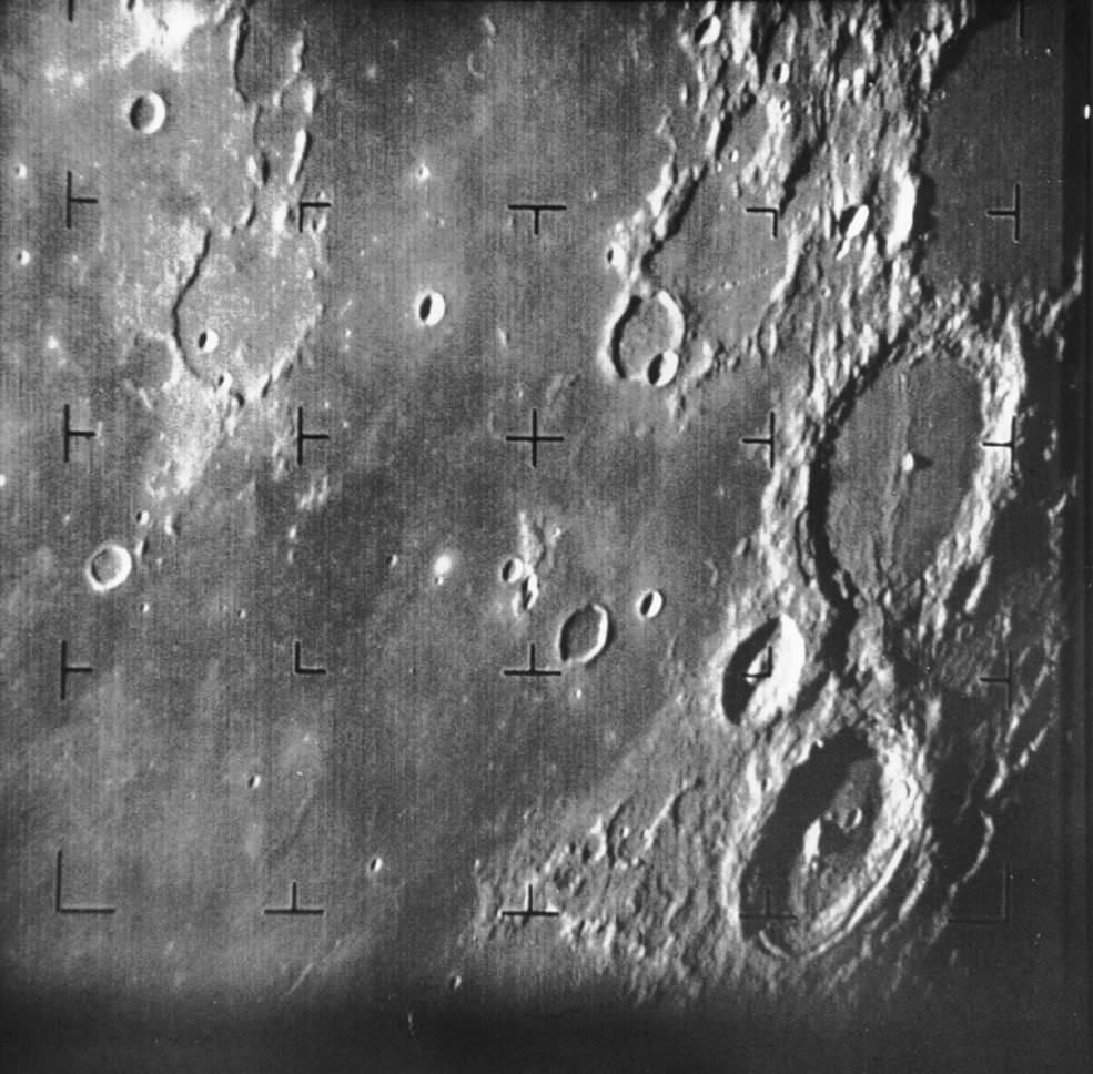 This was the first image returned to Earth from Ranger 7. At the time, it was still unknown whether the craters were created by impacts from other objects or volcanoes on the moon.