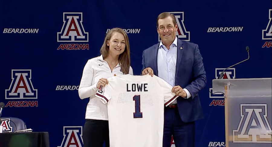 Screenshot of Arizona softball head coach Caitlin Lowe (left) and Arizona athletic director Dave Heeke (right) during Lowes introductory press conference in McKale Center on June 9, 2021. 