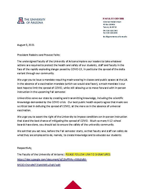 A letter from the Faculty Senate to President Robbins urging the University of Arizona to institute a mask mandate for the fall 2021 semester.