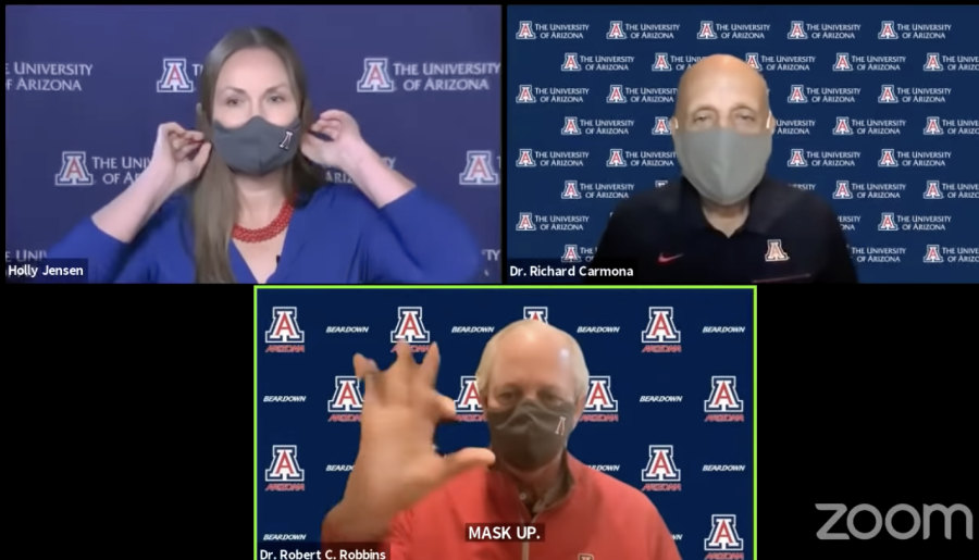 At a reentry task force meeting on Aug. 16, University of Arizona President Dr. Robert C. Robbins (bottom), Vice President of Communications Holly Jensen (top left) and task force director Dr. Richard Carmona (top right) discussed the recent mask policy for indoor spaces at the UA.