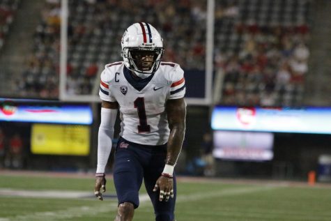 Arizona wide receiver, Stanley Berryhill III, lines up wide prior to the play in Arizona Stadium on Sept. 18, 2021. Berryhill led the game in receiving with 94 yards, but the Wildcats would lose the game 21-19 to NAU.