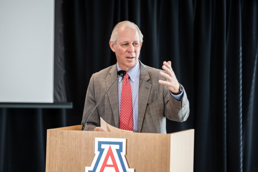 UA President Dr. Robert C. Robbins addresses the audience at a Sept. 20 panel on creating research partnerships to find solutions to environment and societal issues. Courtesy Arlene S. Islas