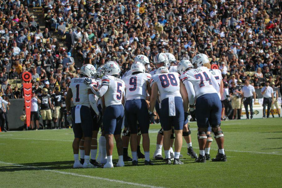 The Arizona Wildcats offense huddles up in Boulder, CO on Oct.16 2021 where they faced off against the Buffaloes in Folsom Field. 