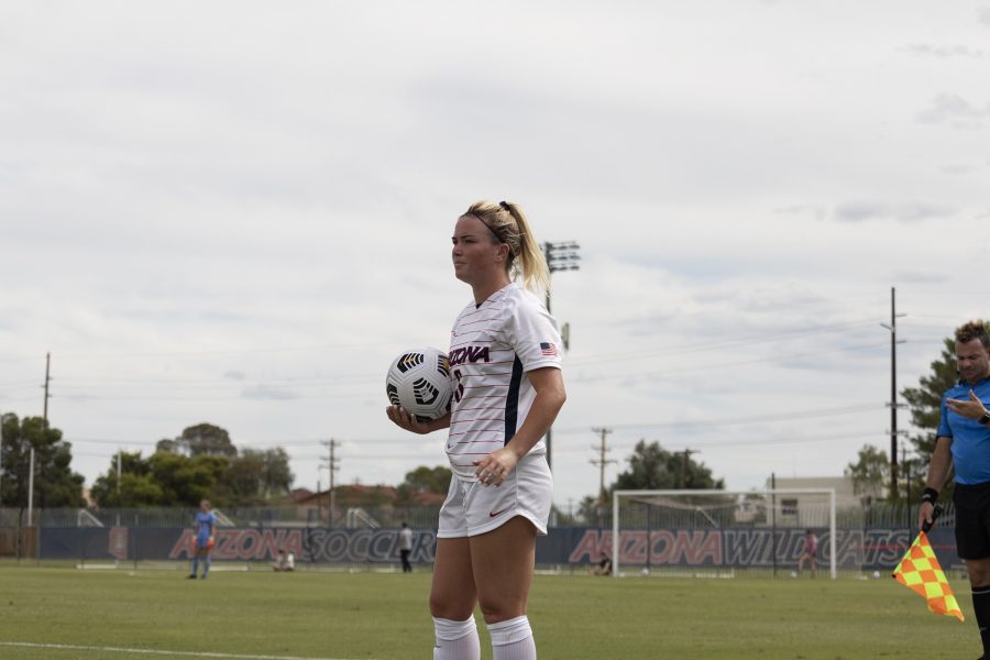 Megan Chelf (6) holds a soccer ball on the sidelines during the game against the University of Southern California on Murphey Field at Mulcahy Soccer Stadium on the afternoon of Oct. 3. The final score was a 4-1 loss for the Wildcats.