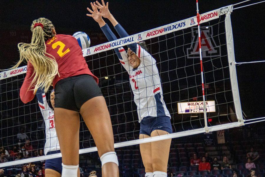 Sofia+Maldonado+Diaz+%282%29+jumps+to+block+the+incoming+ball+from+the+University+of+Southern+California+during+the+volleyball+game+on+Oct.+17%2C+in+McKale+Center.+Arizona+took+a+loss+with+a+final+score+of+3-1.