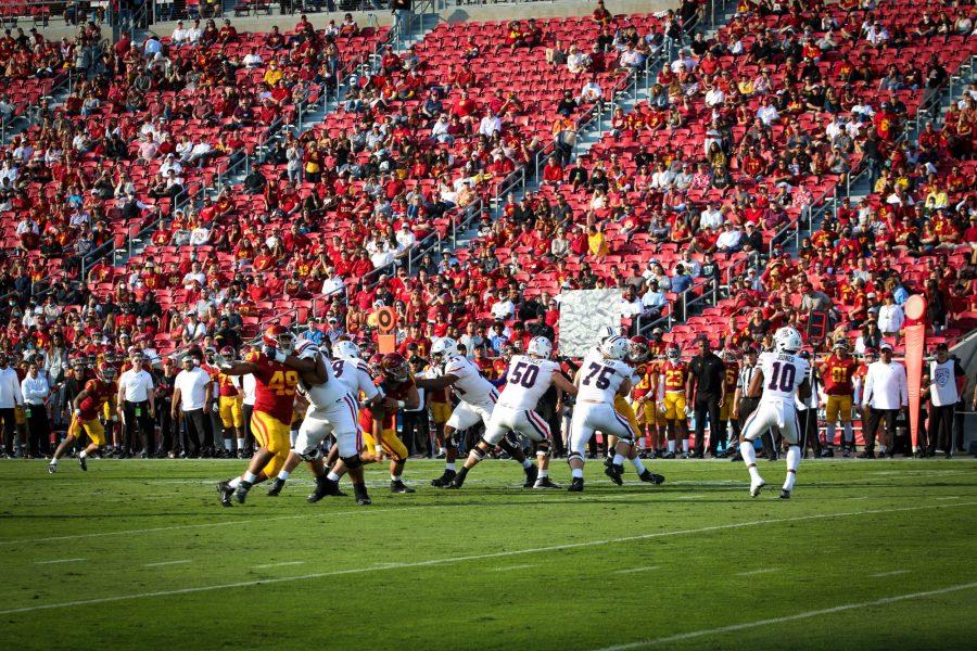 QB Jamarye Joiner (#10) takes the snap for the Arizona Wildcats in Saturdays game against the USC Trojans on Oct.30, 2021. 