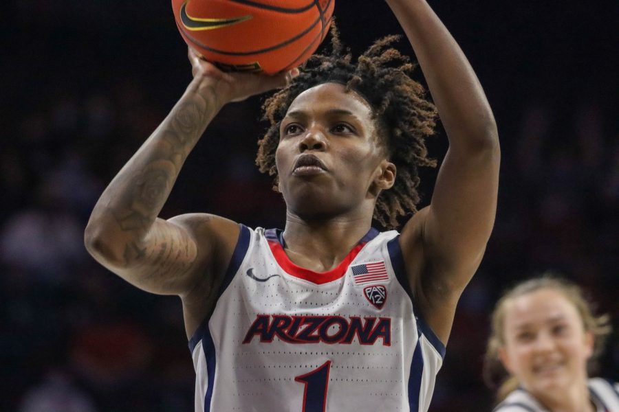 Shaina+Pellington%2C+a+senior+on+the+Arizona+womens+basketball+team%2C+stands+at+the+free-throw+line+and+shoots+on+Nov.+9+in+McKale+Center.+The+Wildcats+went+on+to+win+87-44+against+California+State+North+Ridge.