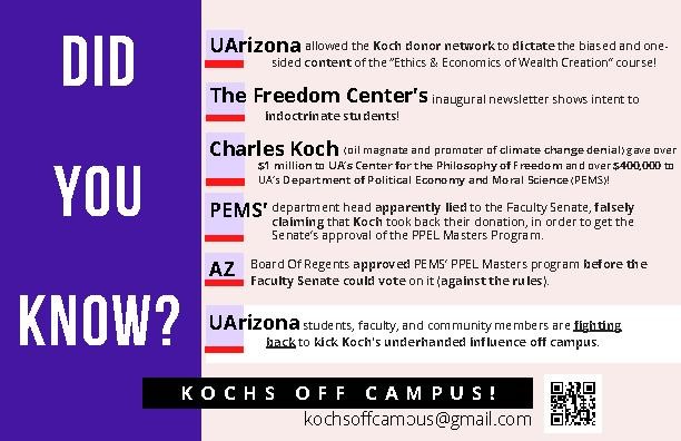 A digital copy of the flyer distributed at the protest on Thursday, Oct. 28 hosted by Kochs of Campus. Photo courtesy of Kochs off Campus.