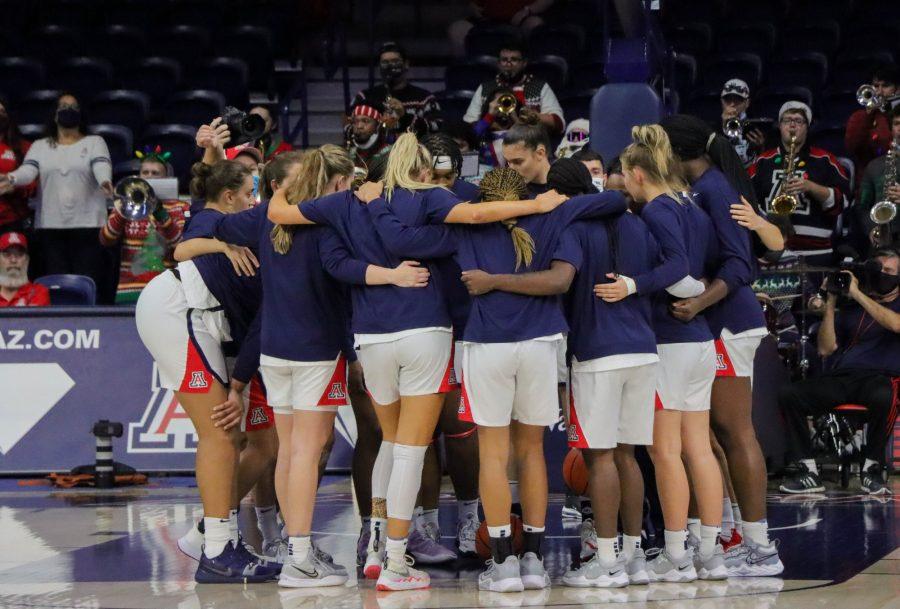 The Arizona womens basketball team huddles before the game on Dec. 12, in McKale Center. The Wildcats went into the half up 35-32.