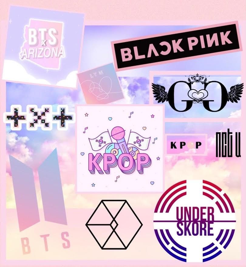 Photo Collage K-Pop Logos, BTS, BlackPink, Girls Generation, EXO, NCT U, Tomorrow Together, BTSxArizona and UnderSkore UA. 