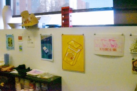 Jesse Hinson's studio is decorated with her prints and other art pieces. She finds printmaking much more exciting than painting, which she previously studied at the San Francisco Art Institute.