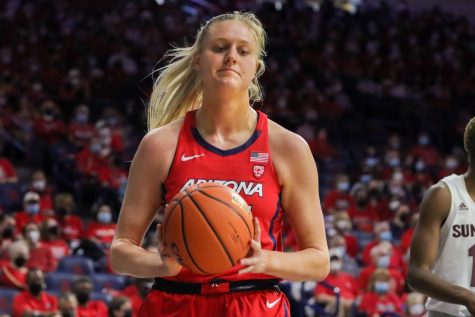 Cate Reese, a forward on the Arizona womans basketball team, was frustrated as another foul was called on a teammate on Sunday, Feb. 13 in McKale Center. The Wildcats would go on to win the game 62-58. 