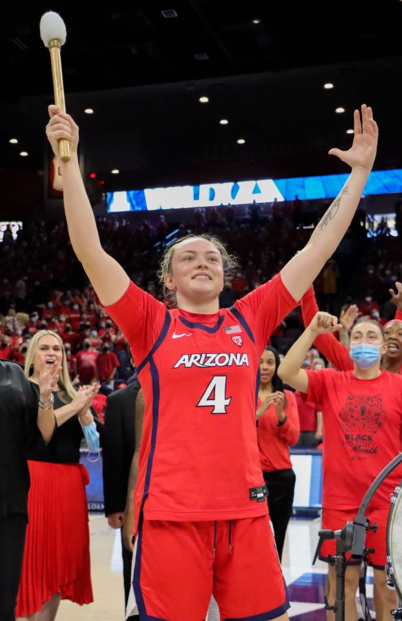 Madison Conner, a guard on the Arizona womens basketball team, claims player of the game and gets to bang the university drum on Sunday, Feb. 13 in McKale Center. The Wildcats would win the game 62-58.