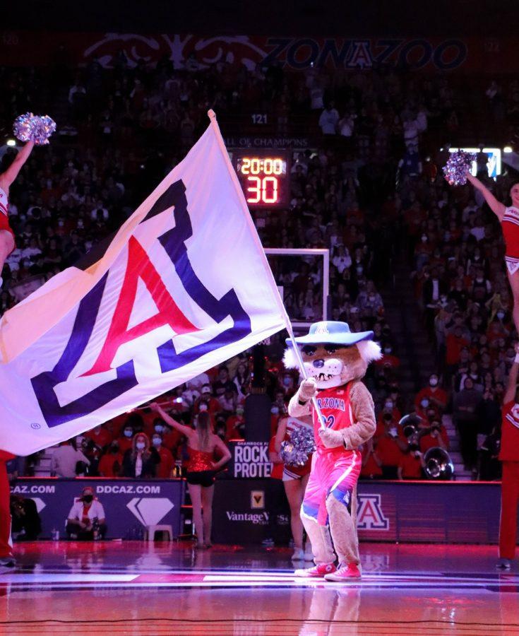 During the pregame introductions the University of Arizona mascot Wilber flies the UA flag  on Saturday, Feb. 5 in McKale Center. The Wildcats would lead into the half 29-28.