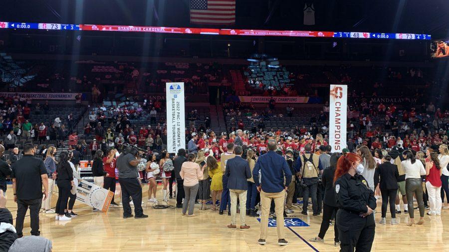 Stanford celebrating its programs 15th Pac-12 Tournament title on Sunday, March 3 in Las Vegas. Stanford defeated the University of Utah 73-48 to win the championship for the second straight year. 