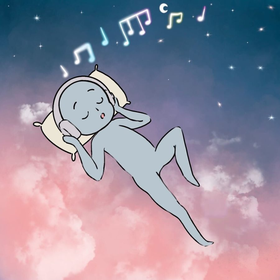 Digital illustration of alien listening to music in headphones. 