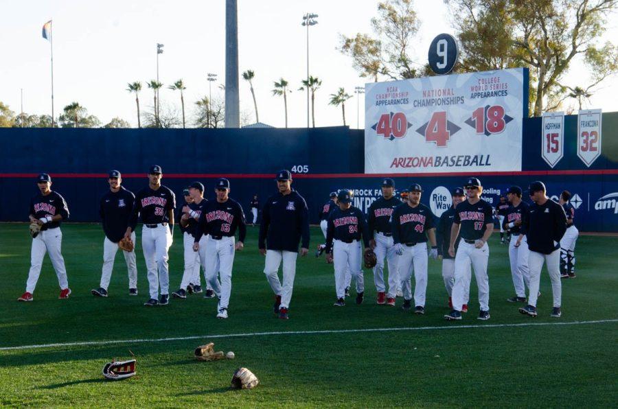 The Arizona baseball team getting ready for a game against Texas State University on Friday, March 4 at Hi Corbett Field. The final score was a 7-2 win for the Wildcats.