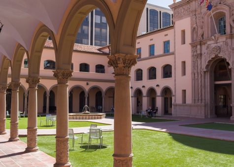 The  Pima County Historic Courthouse, as seen from its front colonnade. The Alfie Norville Gem and Mineral Museum is located in the building's left wing.