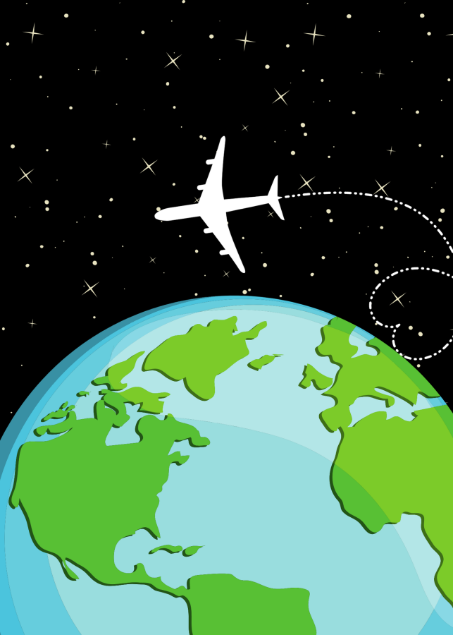 A+digital+illustration+of+an+airplane+traveling+around+planet+Earth.