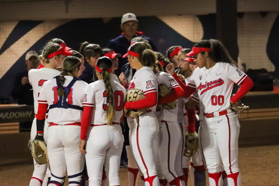 Arizona softball team huddle after an inning on Friday March 4 at Rita Hilbrand Memorial Stadium. After a slow start the wildcats would win 11-3.