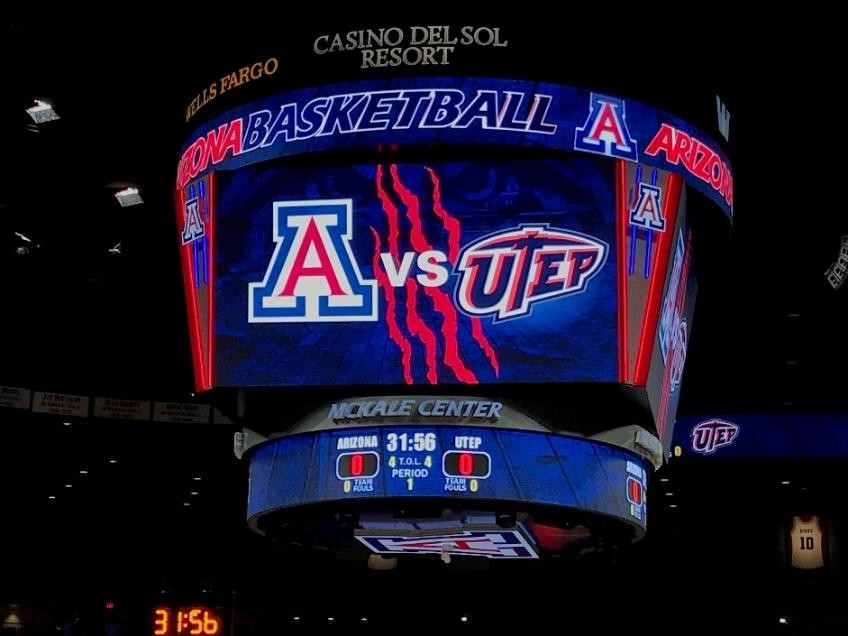 The+McKale+Center+scoreboard+during+the+matchup+between+Arizona+mens+basketball+and+University+of+Texas+at+El+Paso.