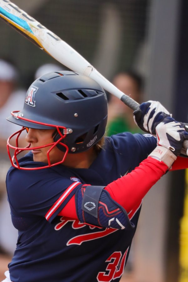 Blaise+Biringer+an+infielder+on+the+Arizona+Softball+team+looks+to+hit+the+ball+during+her+at+bat+on+Friday+April+15+at+Rita+Hillenbrand+stadium.+The+wildcats+would+loose+in+five+innings+11-3.