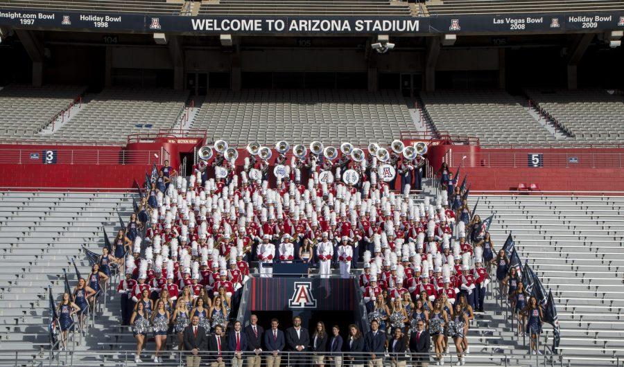 The Pride of Arizona marching band poses together for a huge group photo in 2021. (Courtesy of Rebecca Sasnett)