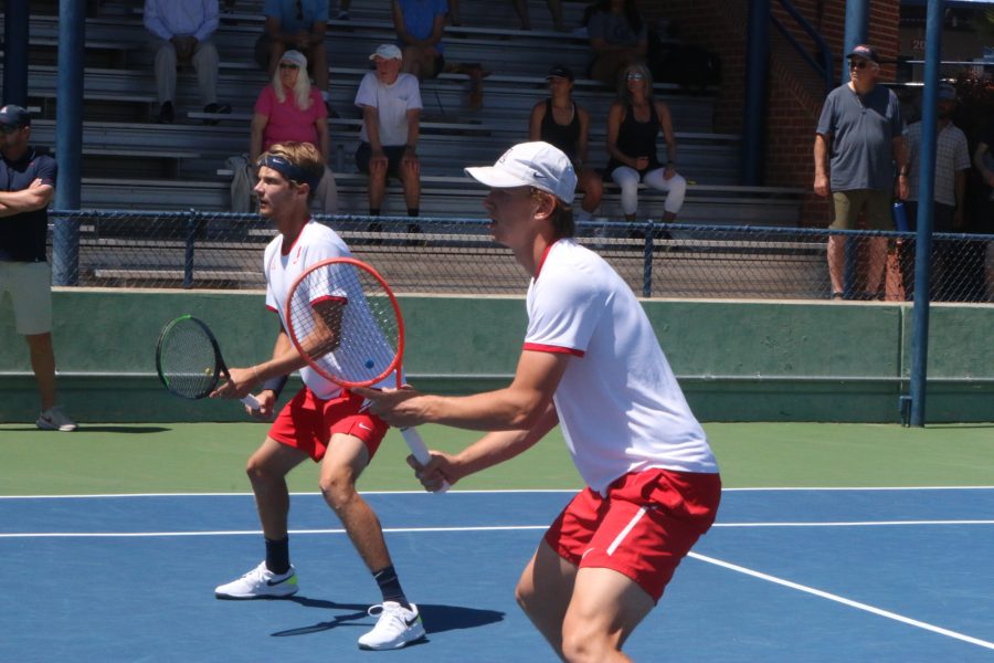 Jonas+Ziverts+%28left%29+and+Herman+Hoeyeraal+%28right%29+play+doubles+against+the+University+of+California%2C+Berkeley+on+April+2%2C+2022+at+Robson+Tennis+Center.+The+Wildcats+ultimately+won+the+competition+4-1.