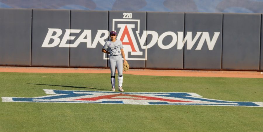 Janelle Meono an outfielder on the Arizona softball team stands and waits for the 2 inning to start on March 12 in Rita Hillenbrand Memorial Stadium. The Wildcats would go on to win 10-6.