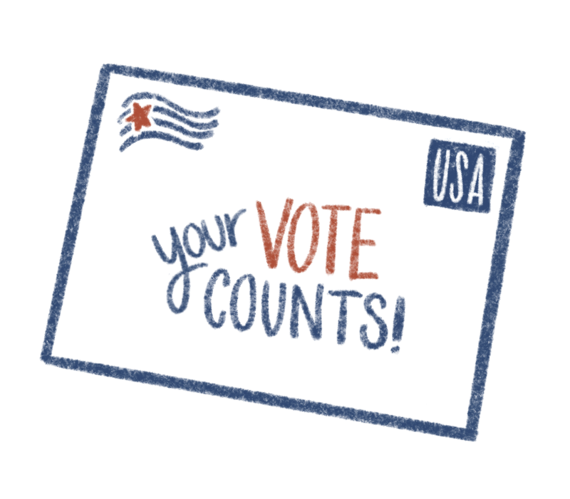 A digital illustration of a mail-in ballot that says USA in the corner.