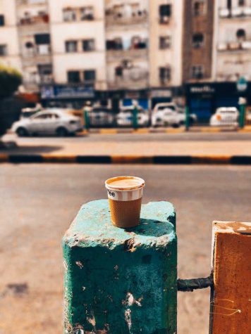 A cup of tea placed on a street barrier on the streets of Aden, Yemen, on June 25, 2022.