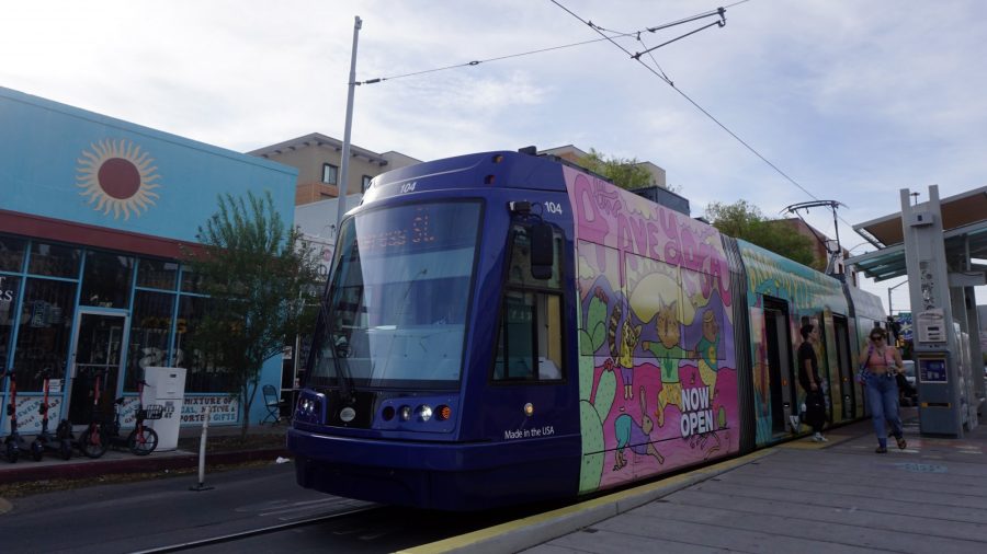 A Sun Link streetcar on Fourth Avenue. Streetcar fares are suspended through December 2022.