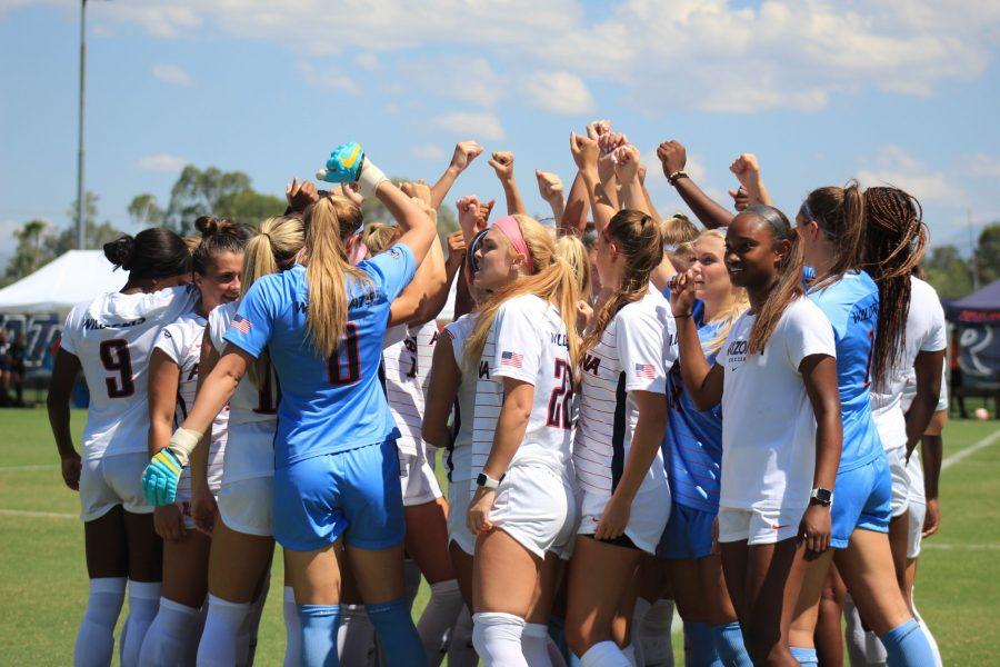 The Arizona womens soccer team join together for a bear down chant at half time on Sunday, Sept. 11 in Tucson, Arizona. The final score was Arizona 0 Pepperdine 2. 