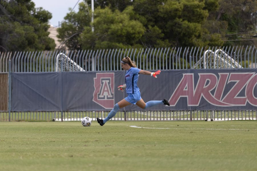 Hope Hisey (0) kicks the ball during the Arizona soccer teams game against USC on Murphey Field at Mulcahy Soccer Stadium Oct. 3, 2021. The final score was a 4-1 loss for the Wildcats.