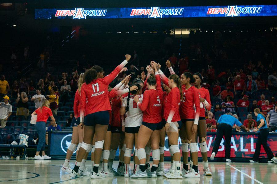 The Arizona volleyball team huddles together after a game against ASU on Sept. 21 in McKale Center. The Wildcats would lose to ASU 1 match to 3. 