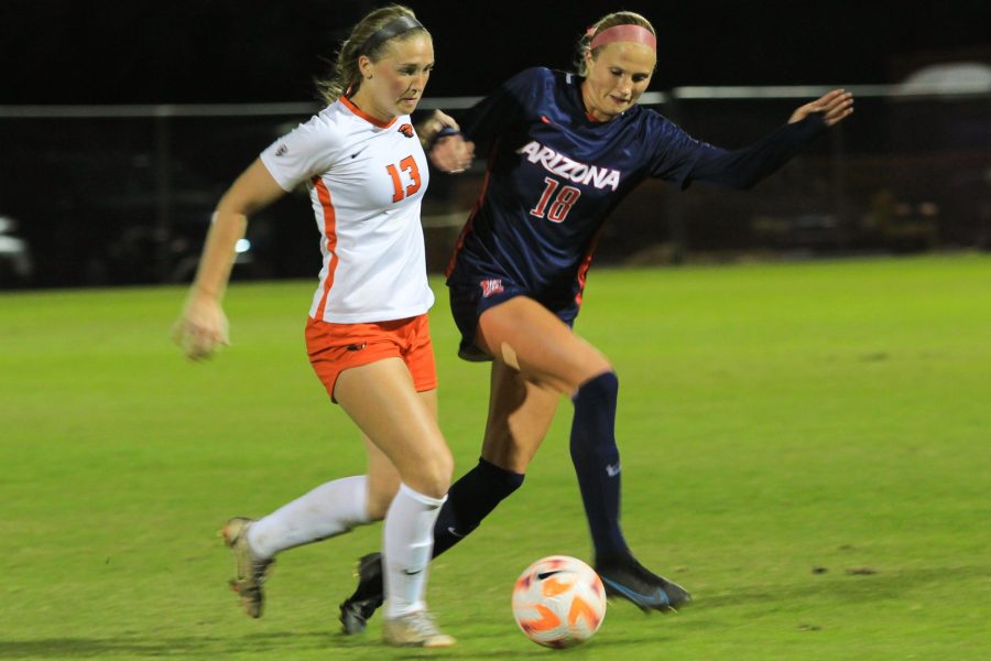 Madison Goerlinger fights for the ball at Murphey Field at Mulcahy Stadium on Oct. 27. Arizona soccer would loose to Oregon State University 3-2.&nbsp;