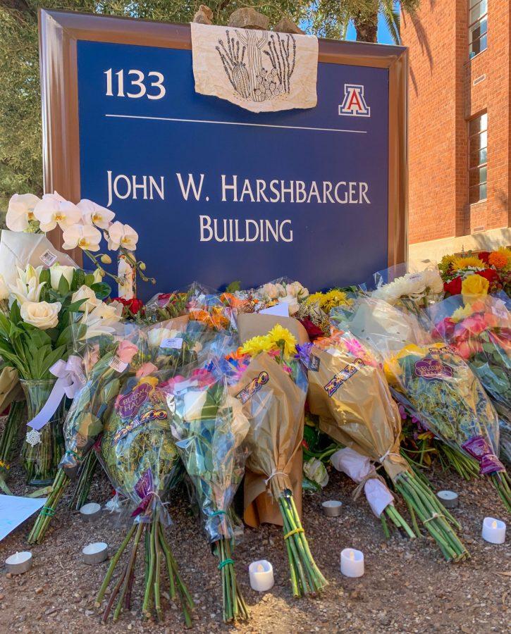 In front of the John W. Harshbarger building on the University of Arizona campus, students, faculty and staff have set up a memorial for Thomas Meixner. The professor died yesterday, Oct. 5.