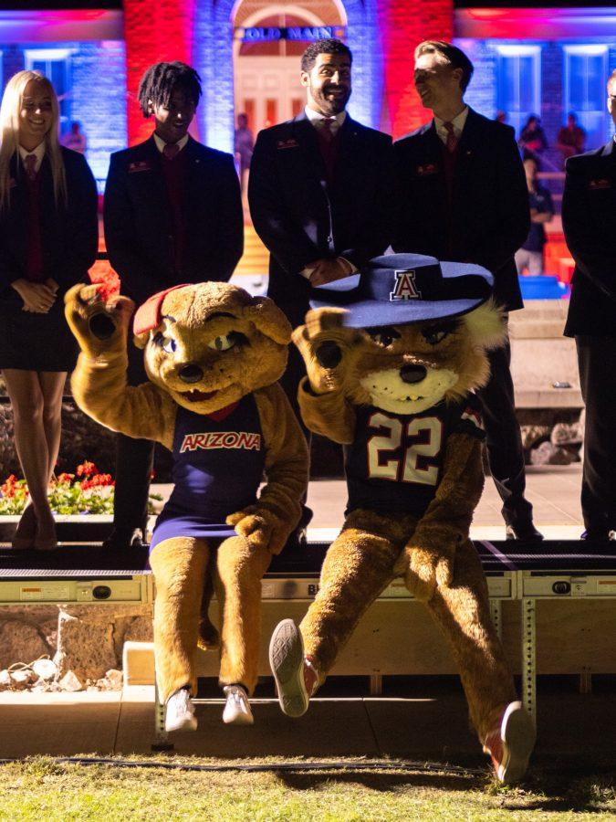 Wilbur and Wilma sit in front of some members of the Bobcats Senior Honorary at the Homecoming bonfire and royalty crowning on Oct. 28. The celebration took place in front of Old Main. 