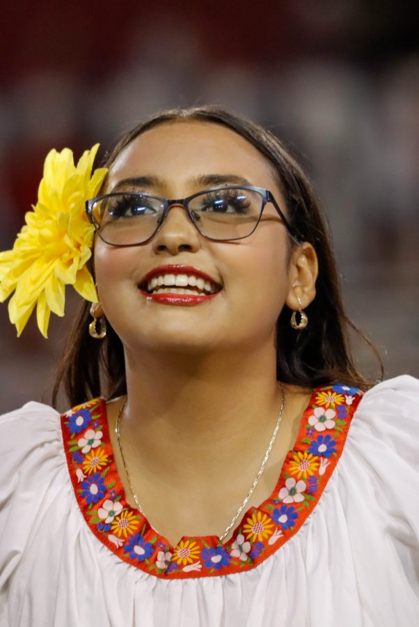 During Arizona footballs halftime show, performers help celebrate Hispanic Heritage Month by preforming traditional dances, songs and music on Oct. 8 at Arizona Stadium. Hispanic Heritage Month ends on Oct. 15. The performers played two songs: one by themselves and one with the Pride of Arizona marching band.