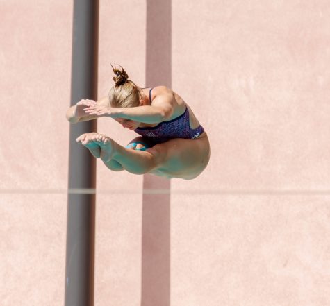 An Arizona women’s diver competes on Saturday, Oct. 15, at Hillenbrand Aquatic Center. The Arizona women's swim and dive team would get the win against Grand Canyon University 219-76. 